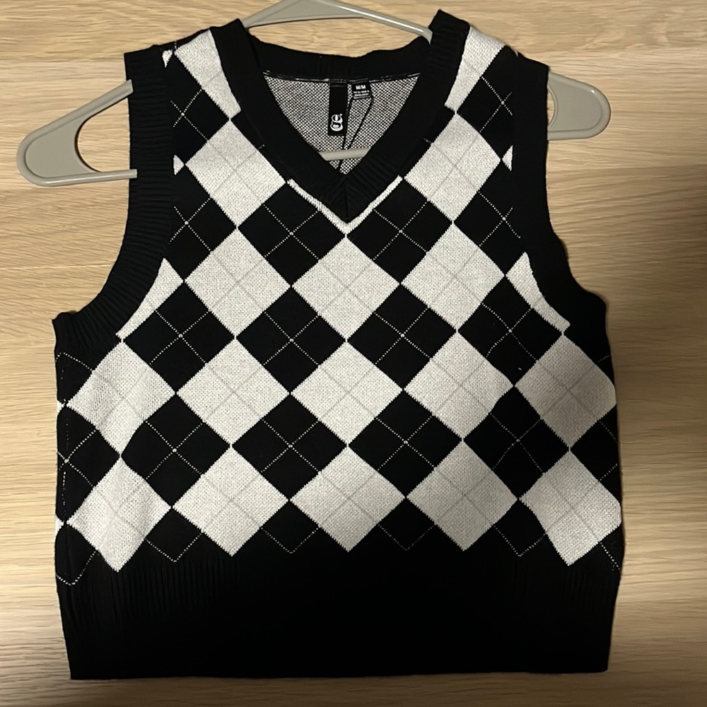 White, Black, and very Light Blue Cropped Sweater Vest